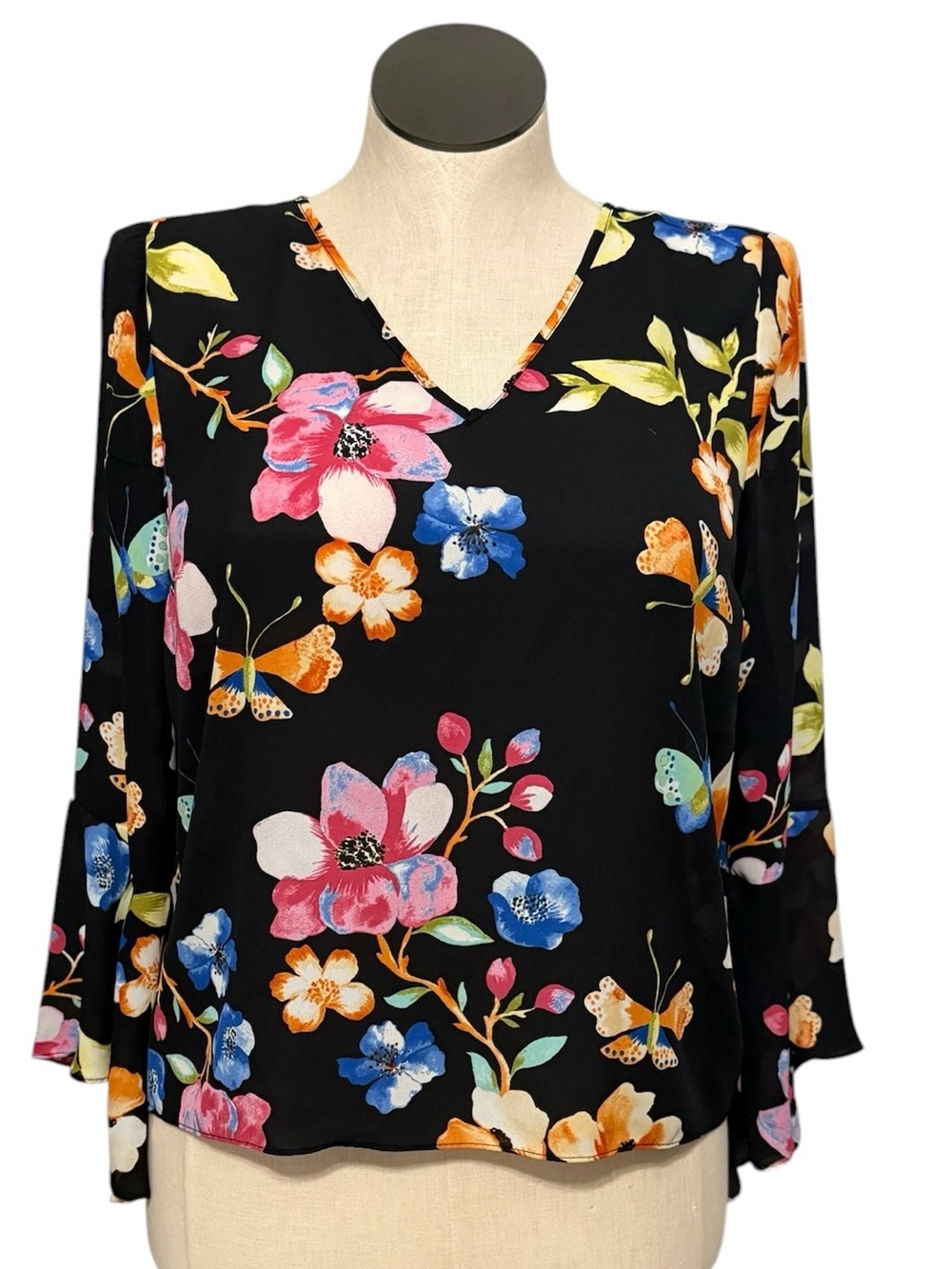 INC International Concepts Black Floral V-Neck Blouse with Multicolor Print